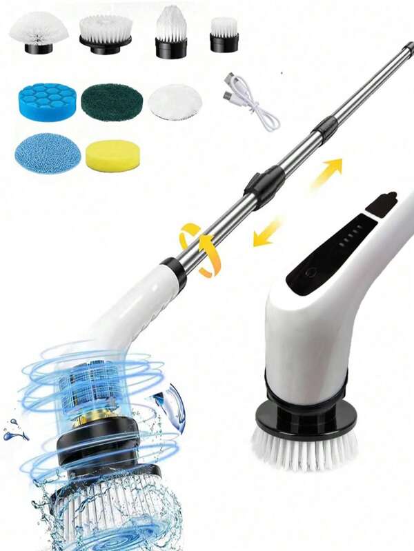 Un juego de cepillos eléctricos giratorios con 7 cabezales de cepillo reemplazables, mopa giratoria, cepillos de limpieza eléctricos inalámbricos con mangos largos ajustables, cepillos de ducha recargables, adecuados para baños, cepillos de limpieza para cocinas, bañeras, azulejos, duchas, escoba de limpieza para automóviles, artículos de limpieza