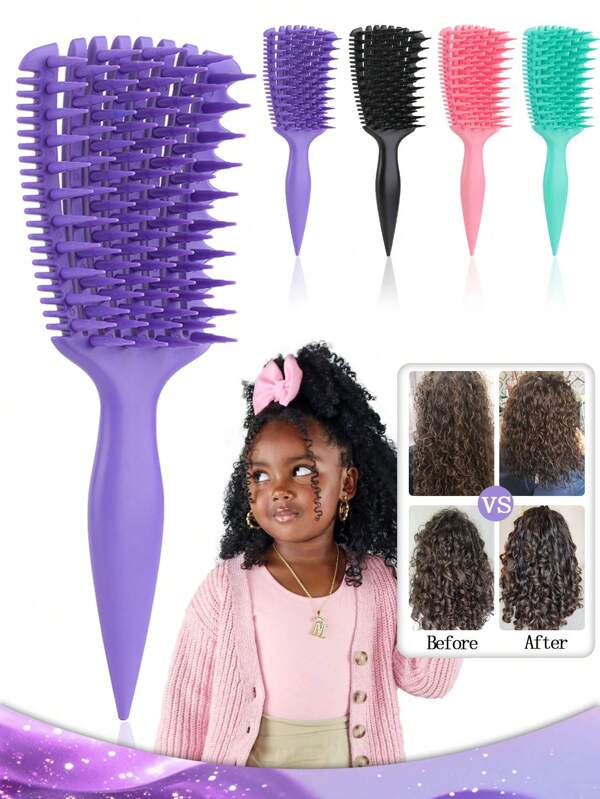 فرشاة شعر منحنية لفك التشابك للأطفال والبنات ذوي الشعر المجعد - مقاسات كبيرة وصغيرة، فرشاة تدليك فروة الرأس المرنة للشعر المبلل، مشط تصفيف للتجعيدات الطبيعية والشعر الأفرو والمجعد، مناسبة للاستخدام في الحمام واليومي