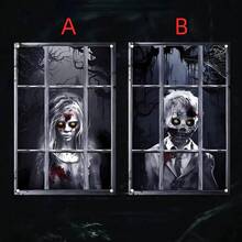 1pc 2D Halloween Horror Ghost Window Banner, Male/Female Ghost Pattern Design, Suitable For Halloween Parties, Front Door Decoration, Party Decorations, Day Of The Dead - Halloween Atmosphere Decoration, Indoor And Outdoor Use, Festival Decoration - Multicolor - View 2