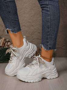 女士加大码厚底厚底运动鞋，秋季新款休闲运动鞋，时尚厚底运动鞋 - 白色 - 查看 5