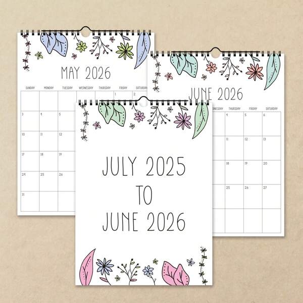 1pc Minimalist Wall Calendar, July 2025 - June 2026, 12 Months Floral Decoration Calendar With Hooks, Creative Wall Organizer For Office And Home, Christmas & New Year Gift,Back To School,School Supplies