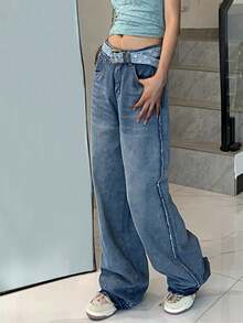Women Vintage Straight Leg High-Rise Pants With Raw Hem And Washed Finish - Dark Wash - View 3