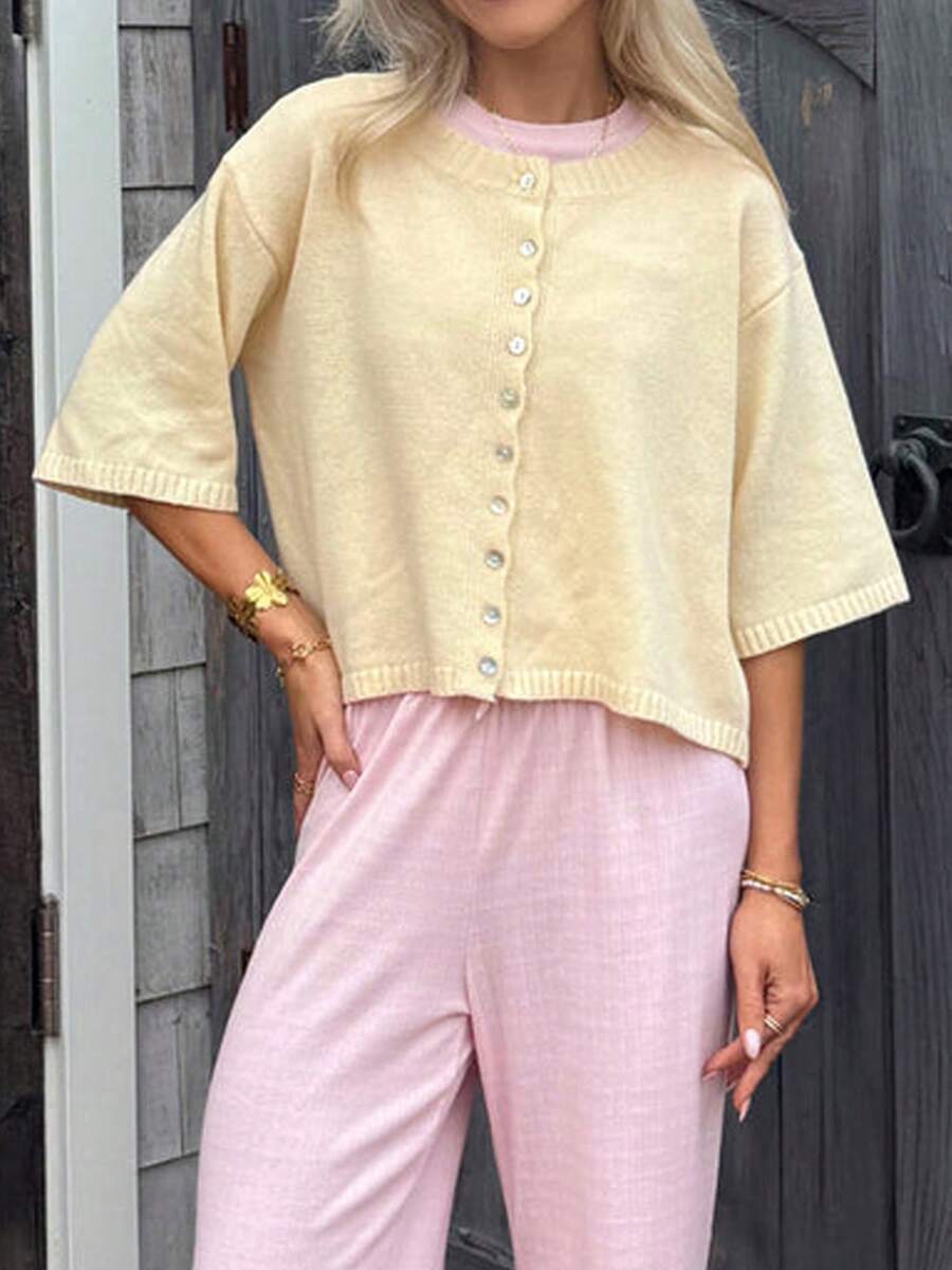 Women Short Sleeve Cardigan Button Down Open Front Knit Crew Neck Sweater Tops Oversized Lightweight Cardigans - Yellow - View 1