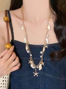 1pc Fashionable, Exquisite, Luxury Summer Beach Resort Style Starfish, Shell, Seashell, Pearl Decor Long Necklace For Women, Daily & Beach Outfit Jewelry