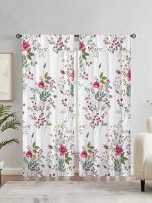 2 pièces Rideaux imprimés de fleurs aquarelle botaniques de printemps, sans trous, convient pour la chambre, le bureau, la cuisine, le salon, l'étude, décoration d'intérieur