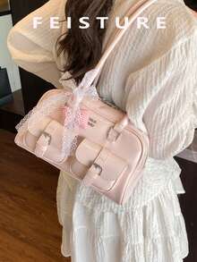 1pc FEISTURE Multifunctional Shoulder Bag With Pockets And Bow Decor, Zipper Closure, Suitable For Everyday, Dates, Commute - Pink - View 6