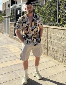 Mens Hawaiian Shirt Short Sleeve Floral Button Down Shirts Tropical Summer Beach Shirts Camp Collar Shirthalloween - 黑色-棕櫚葉 - 查看 9