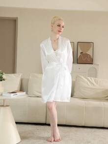 1 pieza Bata larga de mujer de seda satinada tipo kimono, ligera y suave, camisón elegante, ropa de descanso, pijama, de vuelta a la escuela - Blanco - Ver 3