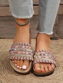 2025 Spring/Summer New Bohemian Rainbow Color Flat Sole Casual Slide Sandals, Comfortable Suitable For Leisure, Home, Indoor And Outdoor Use (Rivet Color Random) - Gold - View 1