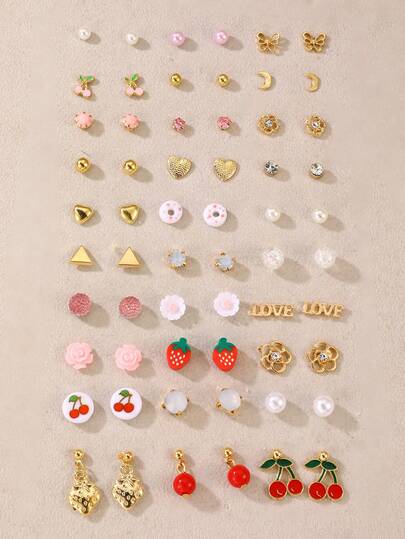 30 Pairs Mixed Fruit, Flower & Sea Life Design Stud Earrings Set, Suitable For Teenage Girls