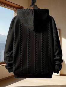 Men's Textured Jacquard Hooded Zip-Up Sweatshirt Jacket, Casual Long Sleeve Sweatshirt Top With Pockets - Black - View 10