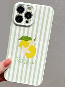 1 pièce Étui de téléphone rigide de protection intégrale  enrobé, motif de fleur de citron rayé minimaliste perforé, compatible avec 11/12/13/14/15/16 Pro Max