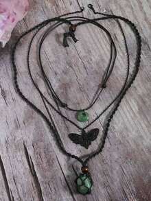 3pcs Gothic Style Moth Skeleton Head Adjustable Stone/Rock, Natural Stone Black Mesh Net Woven Necklace, Adjustable Jade-Like Green Amulet Pendant Necklace Set, Unisex