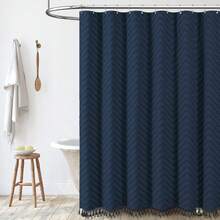 Extra Long Shower Curtains, 84 Inches Long Boho Tufted  Striped Fabric Shower Curtains For Bathroom, Tall Minimalist Waterproof Cloth Shower Curtain Set With Hook, Navy Blue, 72x84 - 藏蓝色 - 查看 9