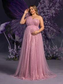 Faeriesty Vestido de gala Dressalisa Plus de lujo con hombros con relieve floral 3D, elegante para sesiones de fotos para madres embarazadas (eventos formales de primavera/verano y baby shower, falda de tul y lentejuelas etérea) - Rosa vieja - Ver 6