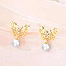 1 paire de boucles d'oreilles en argent sterling S925 doré, boucles d'oreilles perles, coquillage d'amour, vis de mer, étoile de mer, papillon scintillant, boucles d'oreilles zirconium. Bijoux élégants pour dames, cadeau pour fête, mariage, meilleur choix