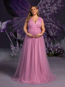 Faeriesty Vestido de maternidad de talla grande Dressalisa con escote en V sin mangas y detalles de hombros con cuentas - Falda de tul sobredimensionada lujosa para bodas, fiestas y eventos glamorosos de primavera/verano (Diseño de maternidad elegante y sofisticado, silueta favorecedora) - Púrpura malva - Ver 4
