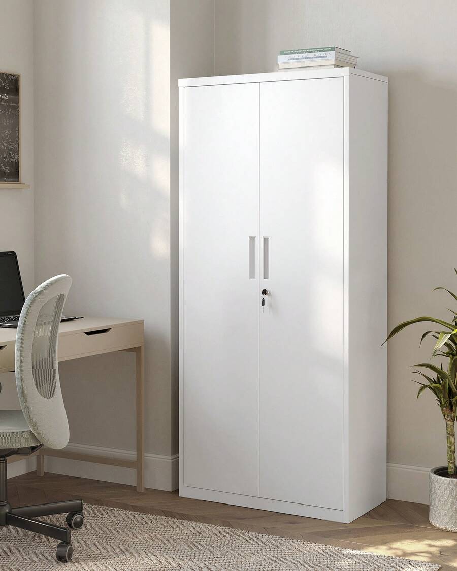 Meuble de Rangement Bureau, en Acier, Placard, 5 Niveaux,40 x 80 x 180 cm, Doubles Portes, Serrure, Armoire à Outils, Étagères Réglables, pour Garage, Bureau, Blanc Mat - Blanc - Voir 1