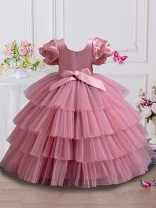 Vestido de princesa de longitud media para niños, con mangas abullonadas, vestido de fiesta de boda de verano para niñas con lentejuelas, bordados, falda acampanada de malla, adecuado para actuaciones y eventos - Rosa - Ver 3