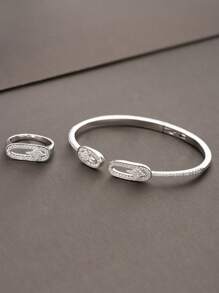1 Set Luxury Elegant Cubic Zirconia Embellished Ring Bracelet Set With Star Design, Suitable For Women's Party Wear, No Gift Box Included