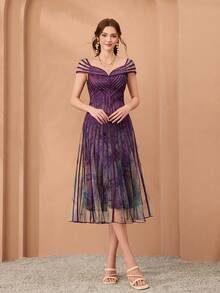 Mgiacy,New Arrival,Shoulder Wear, Strapless, Printed Mesh, Tie, Big Swing, High-End Evening Dress, For, Black Tie Event Dress - Purple - View 4