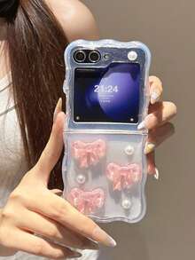 粉色蝴蝶结仿珍珠装饰 Galaxy Z Flip 6/5/4/3 可折叠手机壳，硅胶防震保护套，轻巧奢华时尚防水防摔防刮 - 無色 - 查看 11