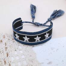 1 pieza Brazalete bohemio hecho a mano con decoración de estrella, borlas trenzadas, estilo casual adecuado para amigos, familiares, estudiantes, regalos festivos, fiestas, uso de viaje