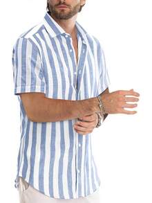 Men's Casual Stylish Short Sleeve Button-Up Striped Dress Shirts Cotton Beach Shirt-20256688 - 深藍色 - 查看 2