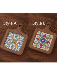 1PC Solid Wood Ceramic Tile Pattern Heat-Resistant Coaster - Retro Kitchen And Dining Table Mat, Suitable For Hot Pot, Flat Bottomed Pan, Cup, High Heat Protection, Handmade Home Decoration Gift