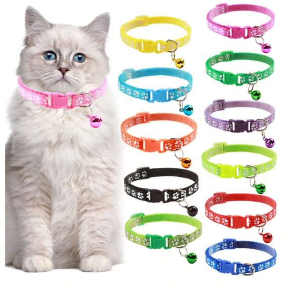 1pc Adjustable Pet Collar With Bell Dog Collar Single Footprint Paw Print Collar Cat Buckle Collar Pet Neck Strap Pet Supplies Reflective Patch Collar Set