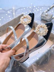 1 Pair Pointed Toe Block Heel Mary Jane Flats Suitable For Teens, All Seasons - Silver - View 5