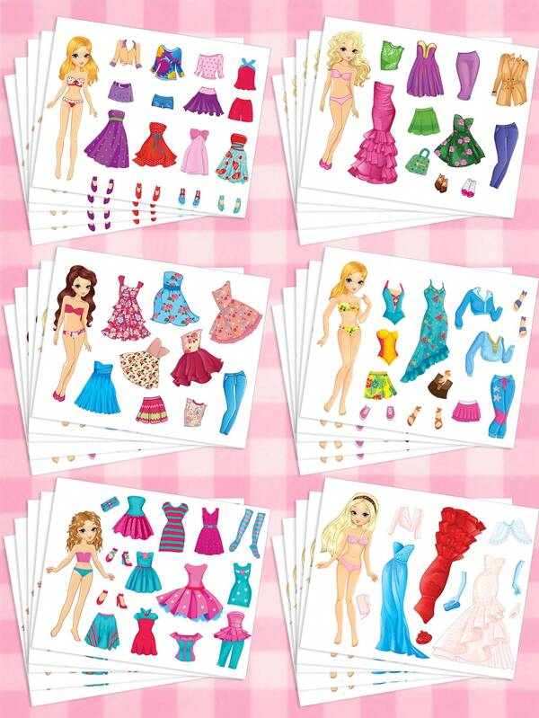 6pcs/Set Large Size Makeable Dress Up Doll Puzzle Stickers, Adorable DIY Paper Doll Make A Face Crafts, Interesting Dress Up Doll Stickers For Classroom Rewards, Arts & Crafts Party School Supplies, Back To School