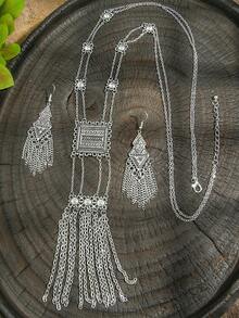 TopHanqi 3 Pieces Of Retro-Style Ancient Silver Geometric Alloy Chain Tassel Long Earrings And Necklace Set For Women In All Seasons, Daily Life And Work, Street Photography, Simple, Fashionable And Elegant Accessories - Antique Silver - View 6