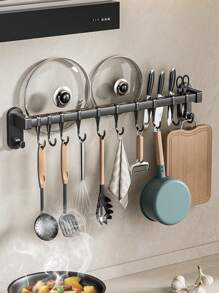 1pc Sleek Black Wall-Mounted Metal Kitchen Rack, Modern Elegance With Spice Organizer, Knife Holder & Utensil Hooks, Multi-Use Home Decor Shelf, Kitchen Decor, Spice Rack, Utensil Hooks, Home Decor Organizer, Utility Racks
