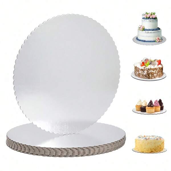 10 pièces Plateaux à gâteau argentés, plateaux de boulangerie ronds dorés, plateaux à gâteau antidérapants à bord festonné - support de base épais pour la décoration de gâteaux de mariage et d'anniversaire, accessoires de plateau à pizza
