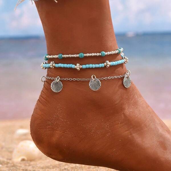 3pcs/Set Bohemian Shell & Pearl Anklet Set, Fashion Versatile Beach Style Foot Jewelry For Women