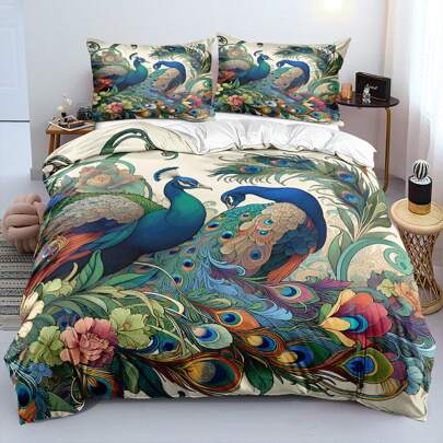 2/3 Peças Conjunto de Capa de Edredom com Estampa 3D de Pavões e Flores, Conjunto de Roupa de Cama com Planta Cartoon e Animal, Conjunto de Capa de Edredom Macio e da Moda, Decoração de Quarto (Tamanho 135x200 Apenas 1 Fronha)