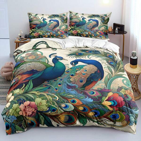 2/3pcs 3D Print Peacocks And Flowers Patterns Duvet Cover Set Cartoon Plant And Animal Bedding Set Fashionable Soft Comforter Cover Set Bedroom Decor (Size 135x200 Only 1 Pillowcase)