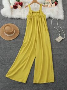 女士纯色褶皱阔腿休闲连体裤，宽松版型，秋季