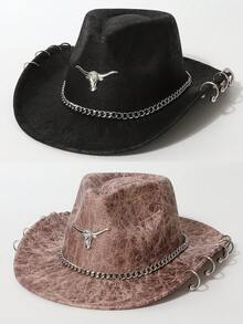 1 件女式/中性西部牛仔帽，时尚纯色 PU 绒面面料，帽檐朋克风格，可拆卸帽带，百搭设计