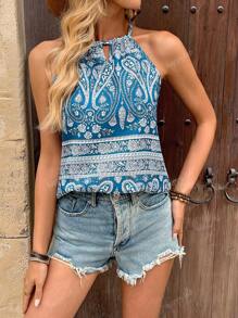Vintage Paisley Pattern Tank Top, Boho Chic Women Blouse