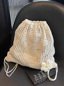 Woven Drawstring Backpack For Women, Simple & Fashion Handbag, Beige Crochet Sling Bag With Open Design, New Minimalist Hollow Knitted Drawstring Backpack, Bohemian Crochet Tote Bag - Stylish Summer Beach Shoulder Bag, Suitable For Casual Outings And Relaxation, Beach Bag For Beach And Casual Wear, Beach Essential, School Backpack