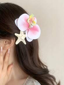 1 pièce/2 pièces Pinces à cheveux florales pour femmes, style romantique d'île tropicale de plage avec hibiscus et étoile de mer, épingle à cheveux pour les vacances d'été, accessoire capillaire, voyage, pinces à griffes, barrettes, pinces à cheveux