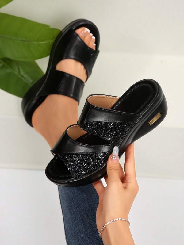 Plus Size Women's Sequin Decor Comfortable Fashion Wedge Platform Sandals, Women's Wedge Sandals, Thick Sole Waterproof Chunky Mid-Heel Slip-On Sandals