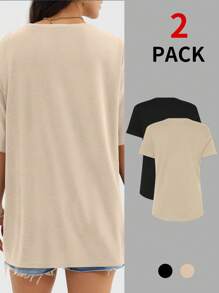 2 buc Tricouri de bază cu mânecă scurtă și guler rotund supradimensionat pentru femei, bluze de vară pentru antrenament