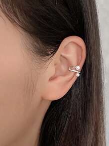 1 Pair Minimalist Fashionable Dual-Layer Zirconia Pearl Clip-On Earrings, Geometric Ear Cuff Non-Pierced High-End Design, Versatile Elegant Style Earrings For Women, Suitable For Everyday Wear, Summer And Beach