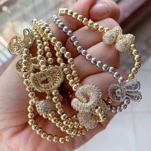 1pc, 18k Gold Plated A-Z Initial Bubble Bracelet Classic Fashion CZ Pave Charm Beads Stretch Design Gift