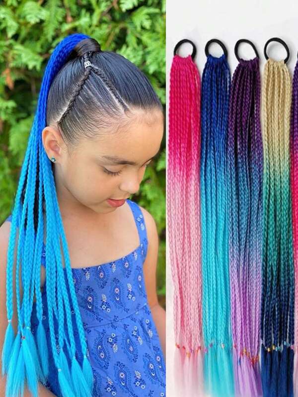 1 pièce Extensions de cheveux tresse dégradé de couleur synthétique salie, queue de cheval élastique de 60cm, pour filles
