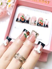 nailrosy 10Pcs Handmade Press-On Nail Set, Luxury Rhinestone Decoration Modern Elegant Simple Korean Style Fresh Design Chic And Cute, 1 Manicure Set Box Including Adhesive Label 1 Mini File Full Coverage False Nails 3D Design Full Coverage Removable Waterproof Reusable For Diy Manicure Suitable For Daily Wear Super Fit And Easy To Apply Nail Supplies Nails - Multicolor - View 4