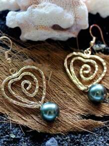2 piezas Pendientes en forma de corazón hueco en espiral, pendientes dorados de estilo bohemio con perlas falsas de color verde pavo real, elegantes para mujer, aptos para uso diario, citas, verano, playa, fiesta, regalo de festival, regalo de joyería